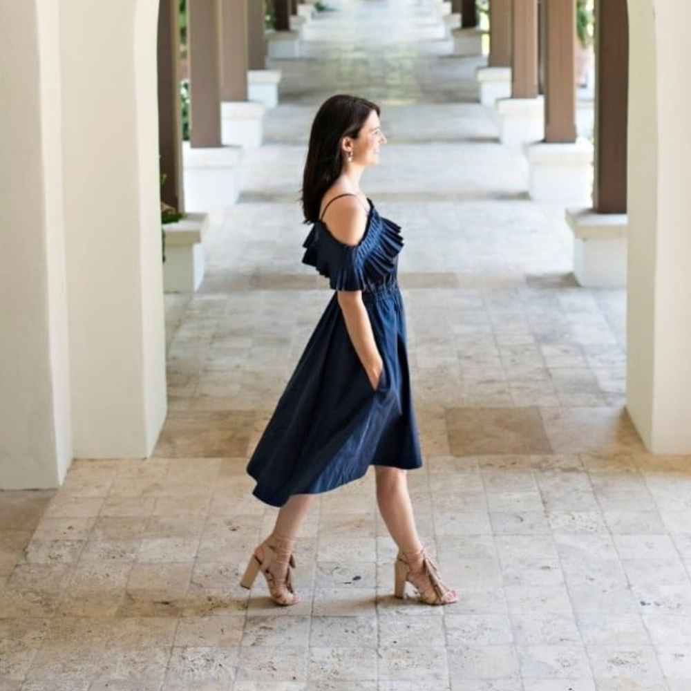 Tibi Navy Satin Poplin Ruffle Dress Size 10